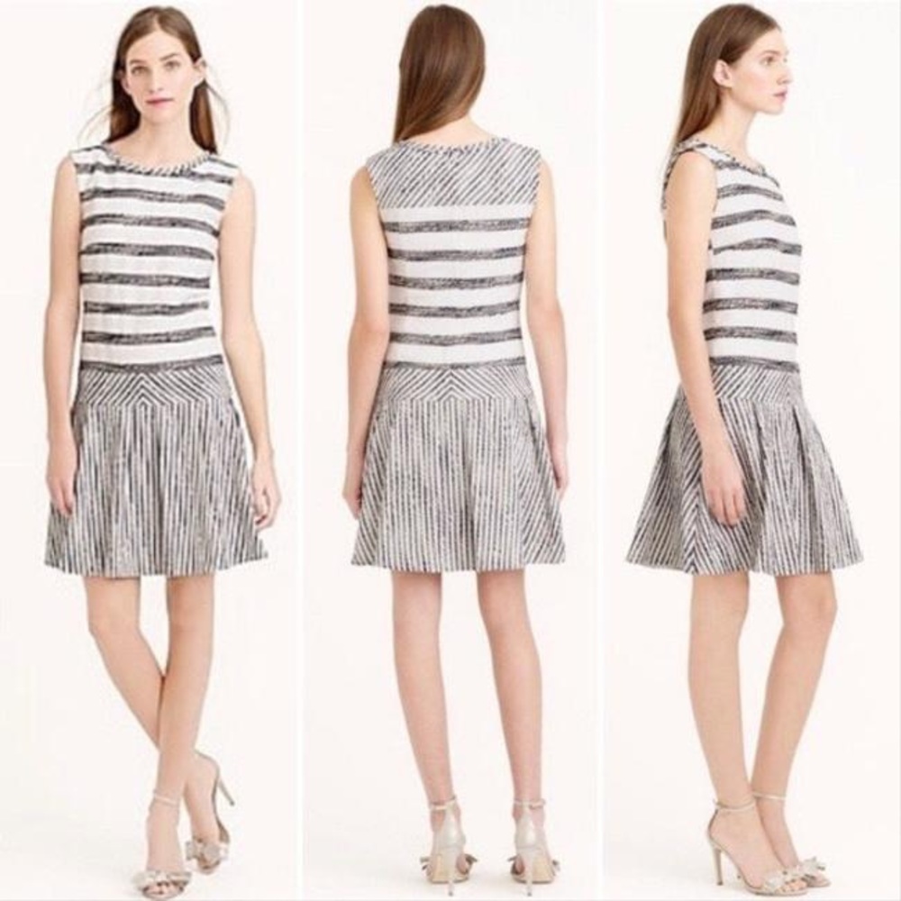 J.Crew White with Black Stripes Tweed Sleeveless Drop Waist Work/Office Dress 0